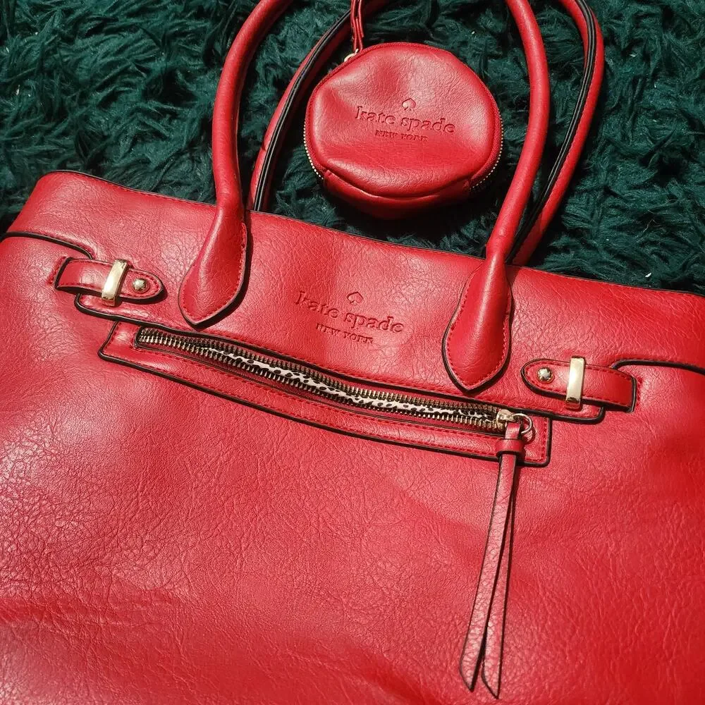 Kate Spade Red Leather Tote Bag with Coin Pouch Leopard Lining Shoulder Purse